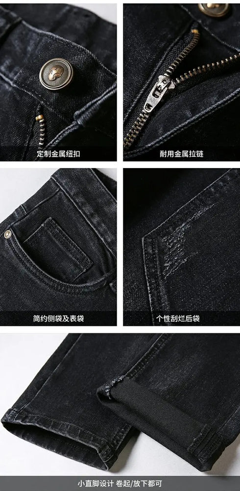 Slim Fit Korean Streetwear Graphical Printed Luxury Hip-Hop Stretch Denim Jeans for Men - Perfect Medium Wash Jeans Outfit